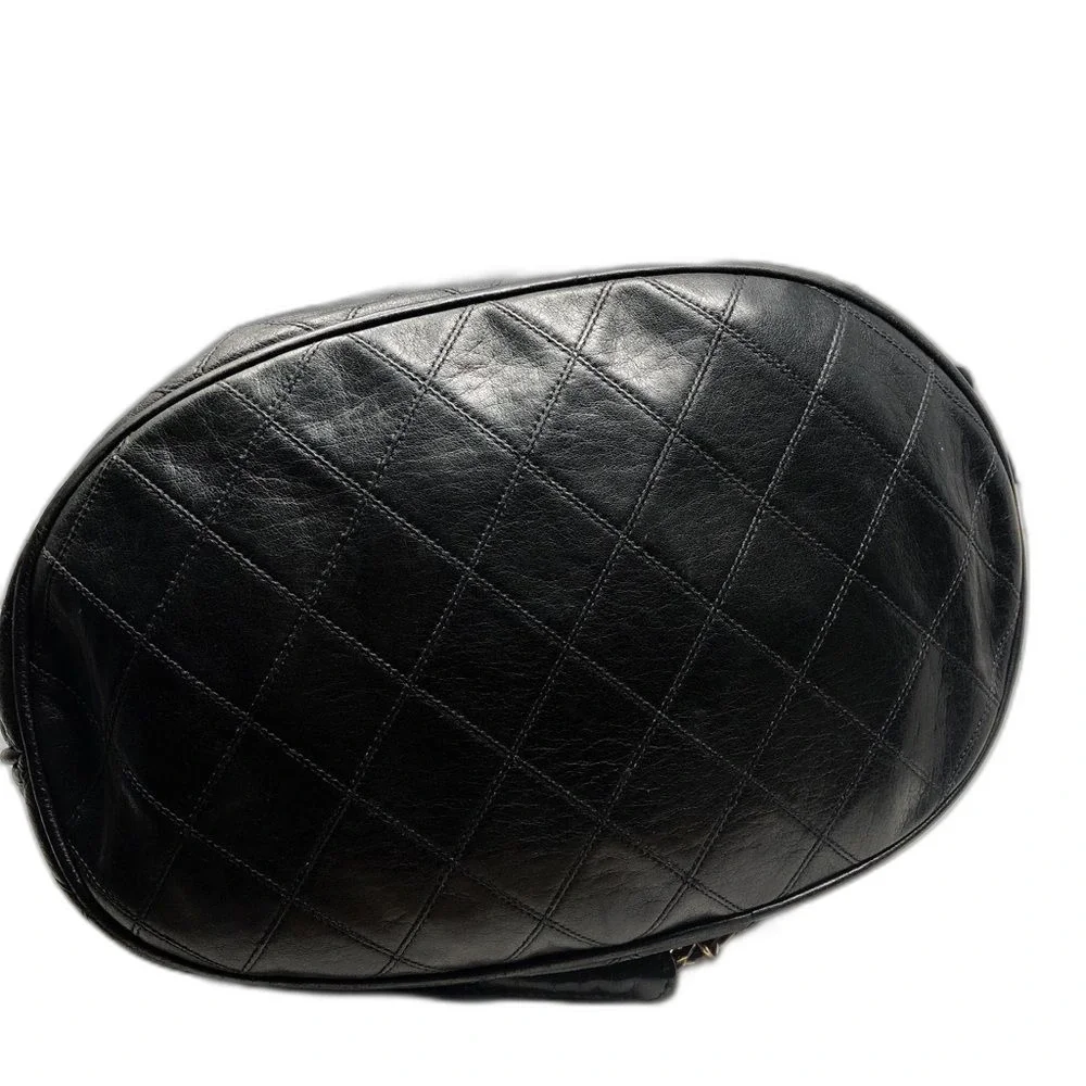 Vintage Chanel Black Lambskin Quilted CC Drawstring Bucket Bag Leather Backpack
